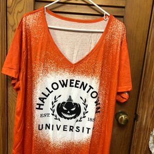 Plus Size Halloween Casual T-shirt, Women's Plus Colorblock Pumpkin & Letters